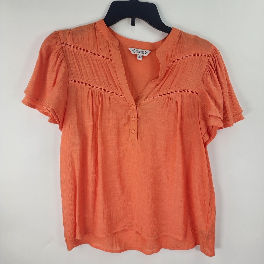Nanette Lepore Top Women's L Orange Pintuck Flutter Sleeve V Neck Flowy